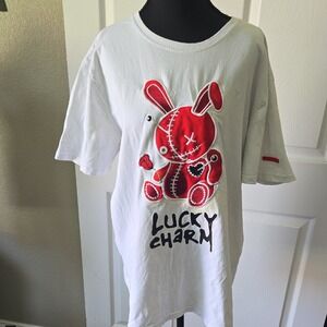 Lucky Charm Mens White Voodoo‎ Bunny Graphic T-Shirt Large Red Applique Rose